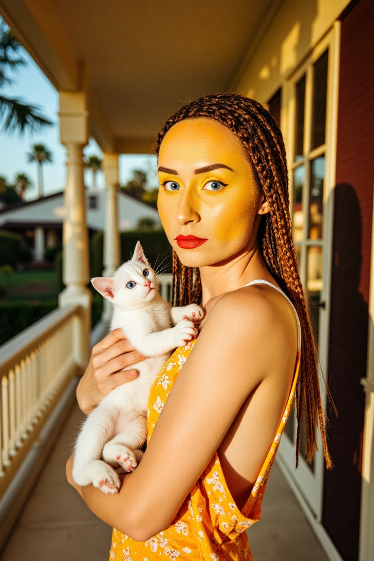 A beautiful woman in a Hawaiian summer dress stands in an old house patio at noon, bathed in golden hour sunlight. She holds a white kitten tenderly, her face radiating happiness and care as the kitten gazes at her with big blue eyes. Her braided hair and extreme face makeup in yellow and orange colors stand out vividly. The 35 mm shot captures ultra film grain, ultra-defined textures, and vibrant colors, adding surreal and artistic touches to the scene.