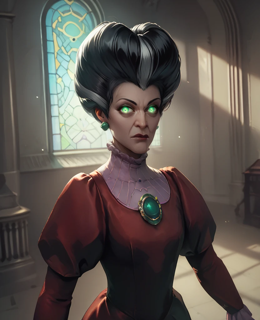 score_9,score_8_up,score_7_up,score_6_up,
ldytrmnexl,green eyes,black hair,streaked hair,large hair,
dress,brooch,small earrings,glowing eye,standing,
looking at viewer,solo,shadow, upper body, 
castle,indoors,dim lighting,<lora:ladytremaineXL:1>,