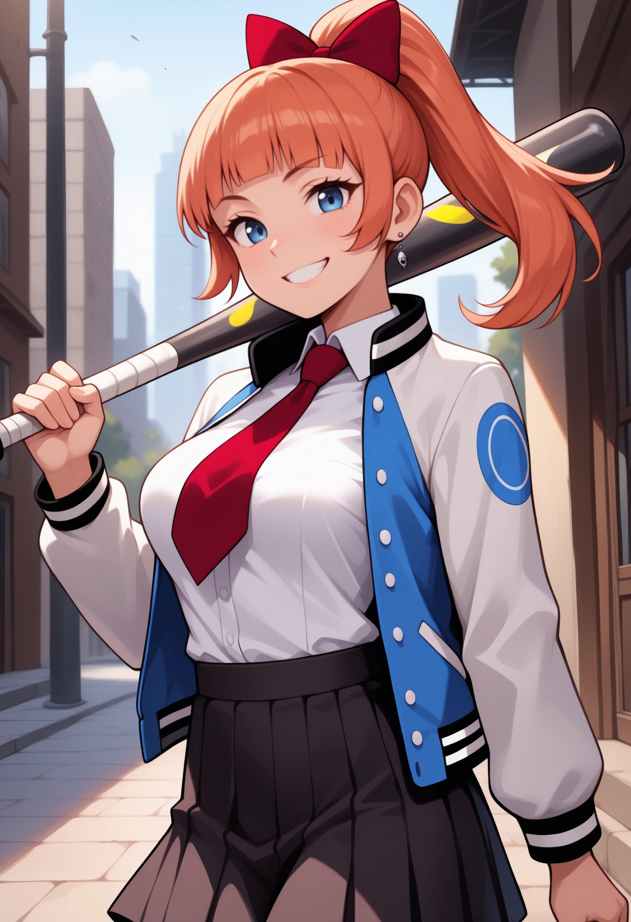 masterpiece, best quality, <break> solo, 1girl, rcgkyoko, grin, looking at viewer, holding weapon, baseball bat, weapon over shoulder, ponytail, hair bow, red bow, school uniform, letterman jacket, open jacket, long sleeves, white shirt, red necktie, black skirt, pleated skirt, earrings, medium breasts, outdoors, city street
<segment:yolo-face_yolov8m.pt,0.4,0.5//cid=1>