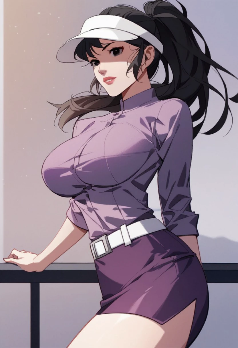 score_9, score_8_up, score_7_up, BREAK, SuQingying, long hair, black hair, black eyes, large breasts, SuGolf, ponytail, visor cap, purple shirt, white belt, purple skirt, pencil skirt, 1girl, solo,