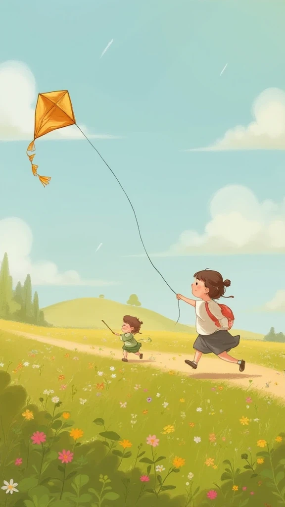 girls and boys run on countryside,flying a kite