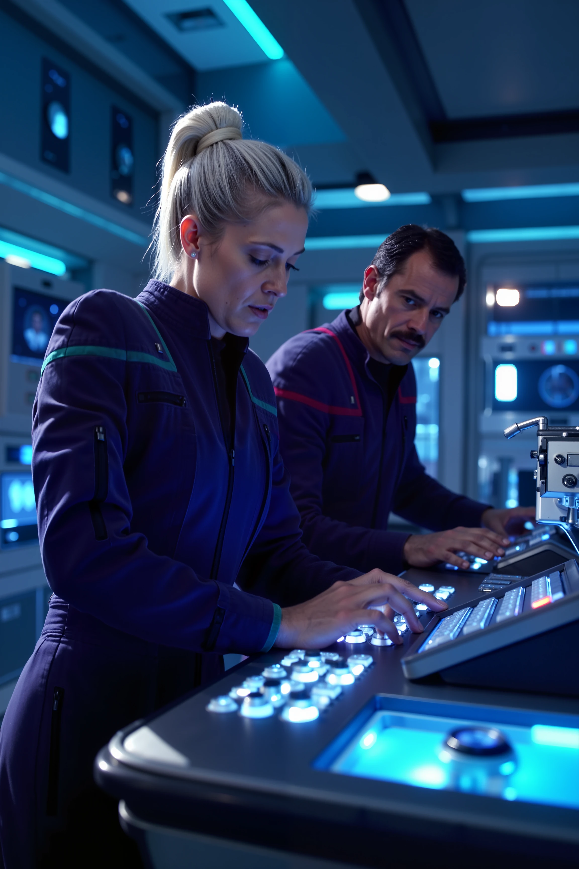 A high-quality photo capturing an action-packed scene in a futuristic laboratory. The scene features a woman with platinum hair in a navy blue stentps uniform with teal lines and a man with a mustache in a navy blue stentps uniform with red lines. The woman, her platinum hair styled in an adventurous updo, is energetically operating a sleek, high-tech console, her fingers flying across the controls as she looks intently at a series of holographic displays. Her uniform is detailed with the distinctive design, perfectly tailored for action. The man, sporting a classic mustache, is dynamically interacting with a complex piece of laboratory equipment. Heâs in mid-motion, adjusting a glowing, futuristic device with an expression of intense concentration and excitement. His uniform is vibrant, contrasting sharply with the cool blue tones of the laboratory. The laboratory itself is a marvel of futuristic design, with illuminated consoles, floating holograms, and advanced scientific apparatuses. The scene is filled with high-tech gadgets in the background, and the action is highlighted by dynamic lighting, conveying a sense of high-energy excitement and teamwork.<lora:STEntps_FLUX:1.2>