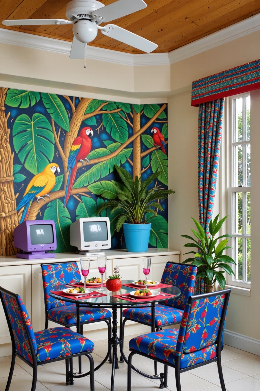 This vibrant interior design photograph showcases a dining nook filled with tropical motifs, colorful patterns, and striking graphic elements. The focal point of the room is the large, mural-style wall, painted in rich, lush tones of green, blue, and orange. The mural depicts a tropical jungle scene with oversized leaves, curling vines, and colorful flora, creating an immersive natural atmosphere. Two parrots stand out in the mural: a yellow-gold parrot perched high in the tree and a red parrot lower down, adding bursts of color and enhancing the tropical theme.

In front of the mural sits a glass-topped dining table with a black metal frame, around which four chairs are positioned. The chairs are upholstered in a bold blue fabric accented with red stripes and intricate decorative patterns, which give the furniture a rich, artisanal feel that complements the mural’s tropical and colorful energy. Each chair has a high back and padded seat, providing a comfortable and stylish seating arrangement.

On the table, red placemats underlay white dishes, and each setting includes an array of colorful food, including vibrant red strawberries, fresh greens, and oranges, giving the setup a lively and inviting look. Tall, elegant glasses filled with pink beverages add a refreshing touch to the table and are coordinated with the color scheme.

A compact purple and white CRT computer monitor, possibly an iMac, rests on a cream-colored built-in counter adjacent to the dining area. This retro computer contrasts playfully with the tropical theme but adds a nostalgic tech vibe to the space.

Above, a white ceiling fan with a rounded light fixture brings a practical, cooling element to the room, in line with the tropical setting. The top of the window is adorned with a bold valance featuring red and blue horizontal stripes, echoing the chair upholstery and reinforcing the room’s color continuity.

A tall potted plant with long, thin leaves adds greenery to the right side of the scene, its organic shape blending naturally with the mural behind it. Additionally, a large blue planter at the base of the counter holds leafy green foliage, enhancing the room’s jungle ambiance.

This interior is a harmonious blend of retro tech, tropical art, and vibrant colors, creating an exotic yet playful space filled with visual interest and personality. Each element, from the graphic patterns on the upholstery to the lush mural backdrop, contributes to a cohesive, lively atmosphere that transports the viewer to a warm, tropical escape.