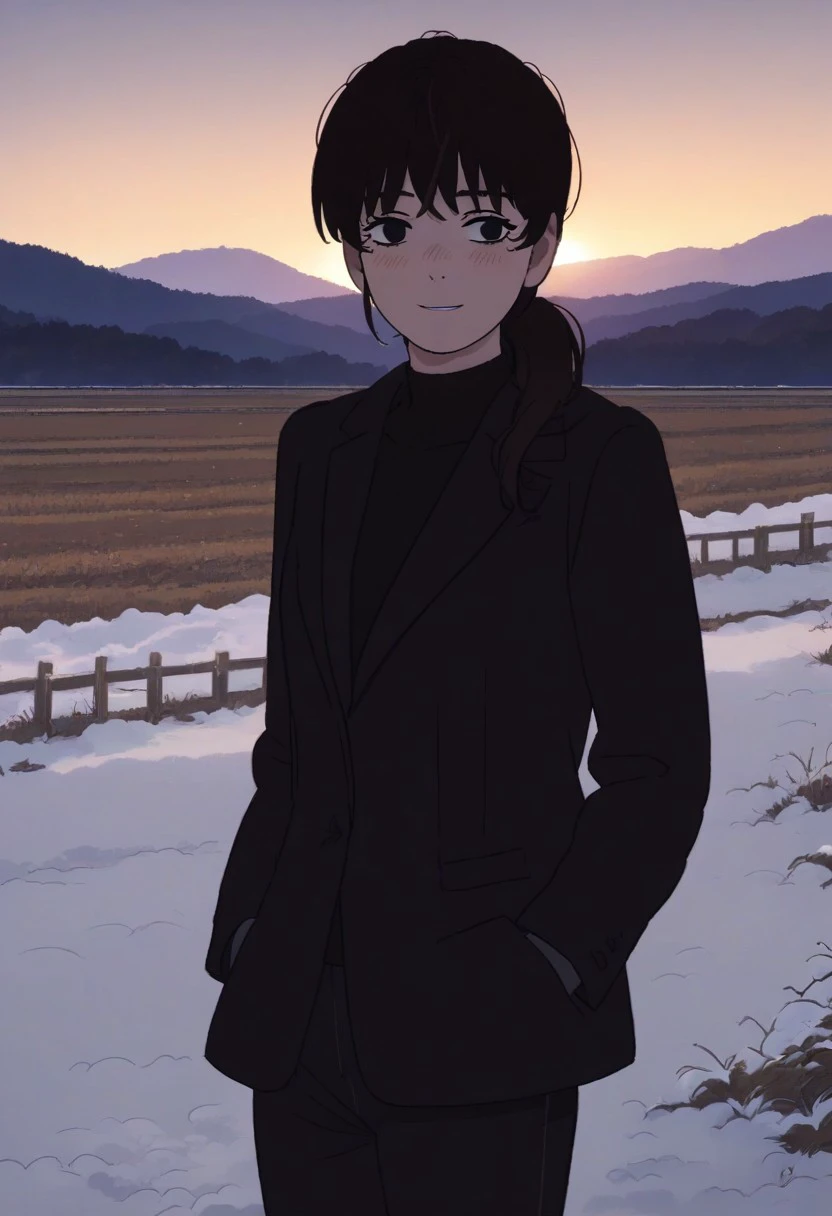 score_9_up, score_8_up, score_7_up, score_6_up, BREAK Fuj1noLB, 1girl, black hair, long hair, black eyes, ponytail, bangs, formal, suit, black jacket, black shirt, black pants, daytime, rural, countryside, snow, heavy snow, facing viewer, facing front, hands in pockets, blush, sun, bright lighting, looking away from viewer, shy, smile, beautiful background, beautiful art, detailed background