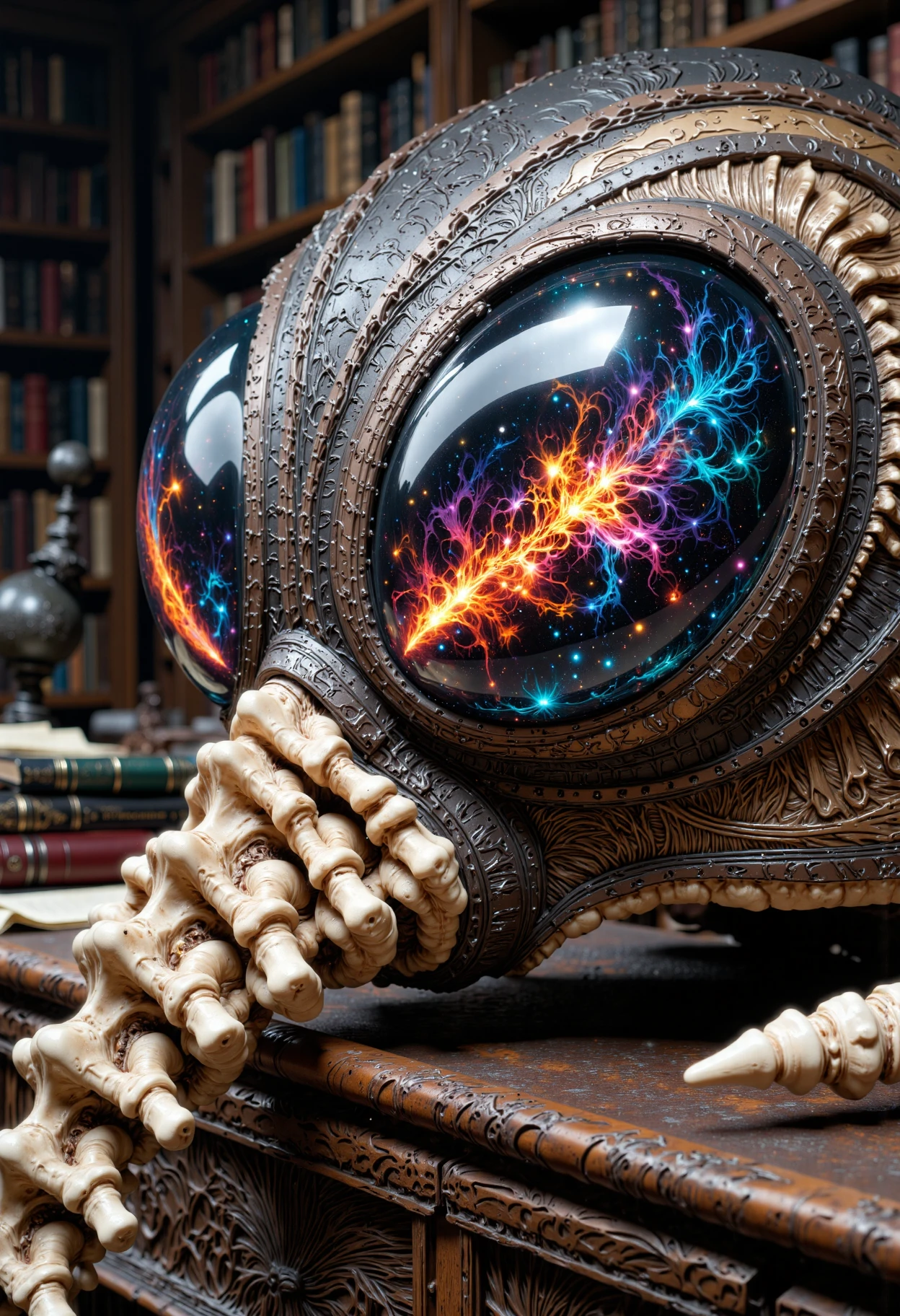 extreme close-up, detailed photograph of a DrmsHlm helmet laying sideways on a wooden desk. The focus is on the two huge large, glowing glass eyes revealing swirling cosmic patterns framed by intricate engravings, casting a mysterious glow. The long segment that resemble the bone structure of a scorpion tail with a pointy tip is partially visible, showcasing the very strange bone texture. The background is blurred, consisting of an old library with scattered books.<lora:CustomFlux/DrmsHlm.safetensors:1.0:1.0> <lora:CustomFlux/MysticRealism.safetensors:0.5:0.5> <lora:CustomFlux/MysticFantasy.safetensors:0.5:0.5>