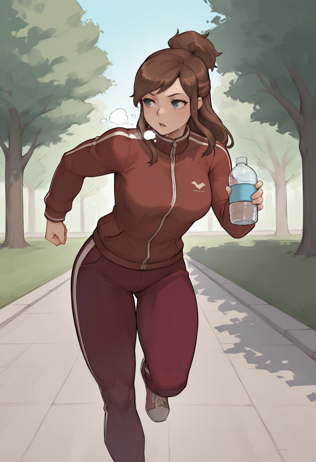 masterpiece, best quality, <break> solo, 1girl, ema skye, sweat, breath, running, holding water bottle, brown hair, half updo, blue eyes, track suit, red jacket, track jacket, long sleeves, red pants, outdoors, park, path
<segment:yolo-Anzhc Face seg 640 v2 y8n.pt,0.4,0.5//cid=1>