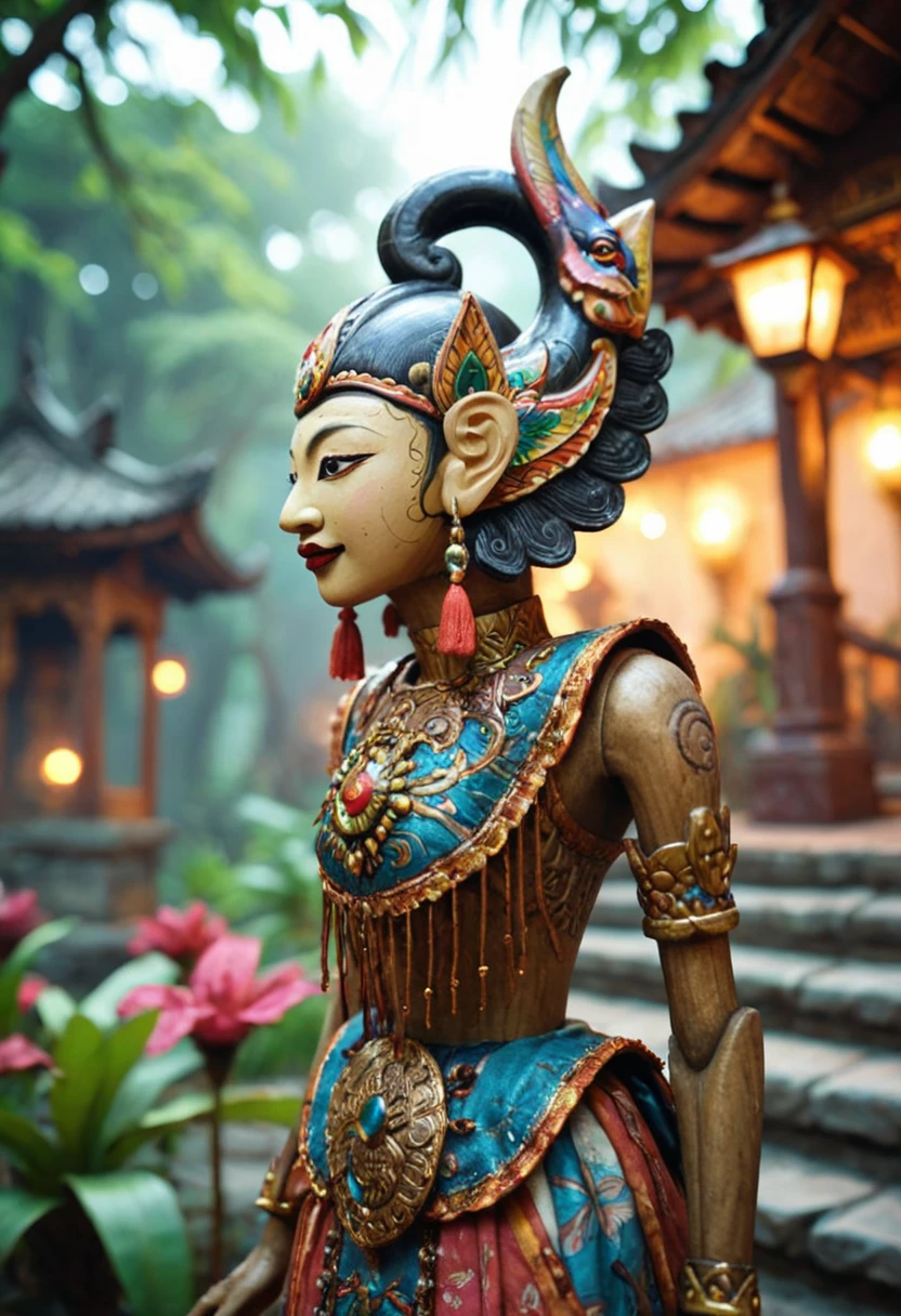 image of a statue in javanese art is next to a tree with flowers and lantern lighting on a stairway in the background with a gazer in the distance at dusk twilight sky and a misty day, ,<lora:Wayang_Golek_-_Satria_Sandrong:0.5>, wayang_golek, wayang, satria_gandrong, glossy paper, iso150,  35mm, score_9, score_8_up, score_7_up,  intricate details, Hyperrealism style, 3d, concept-art, dreaminess, psychedelic, shallow-depth-of-field, cinematic lighting, soft bokeh, very beautiful composition, Unreal, real-time 3D, Epic Games style, Unreal Engine style, 3d-rendering, vibrant contrast  depth and shadow enhanced using (Gaussian blur) for a soft background focus, (sharpen filter) applied, (color grading) to enhance contrast between warm and cool tones, (noise reduction) for a smooth, clean finish, (HDR toning) used for extra depth and detail, highly detailed dreamy background detailed skin texture, subsurface scattering award-winning, professional, highly detailed . dreamlike, mysterious, provocative, symbolic, intricate, detailed, hyper-detailed, masterpiece, award winning, midjourneyv6.1