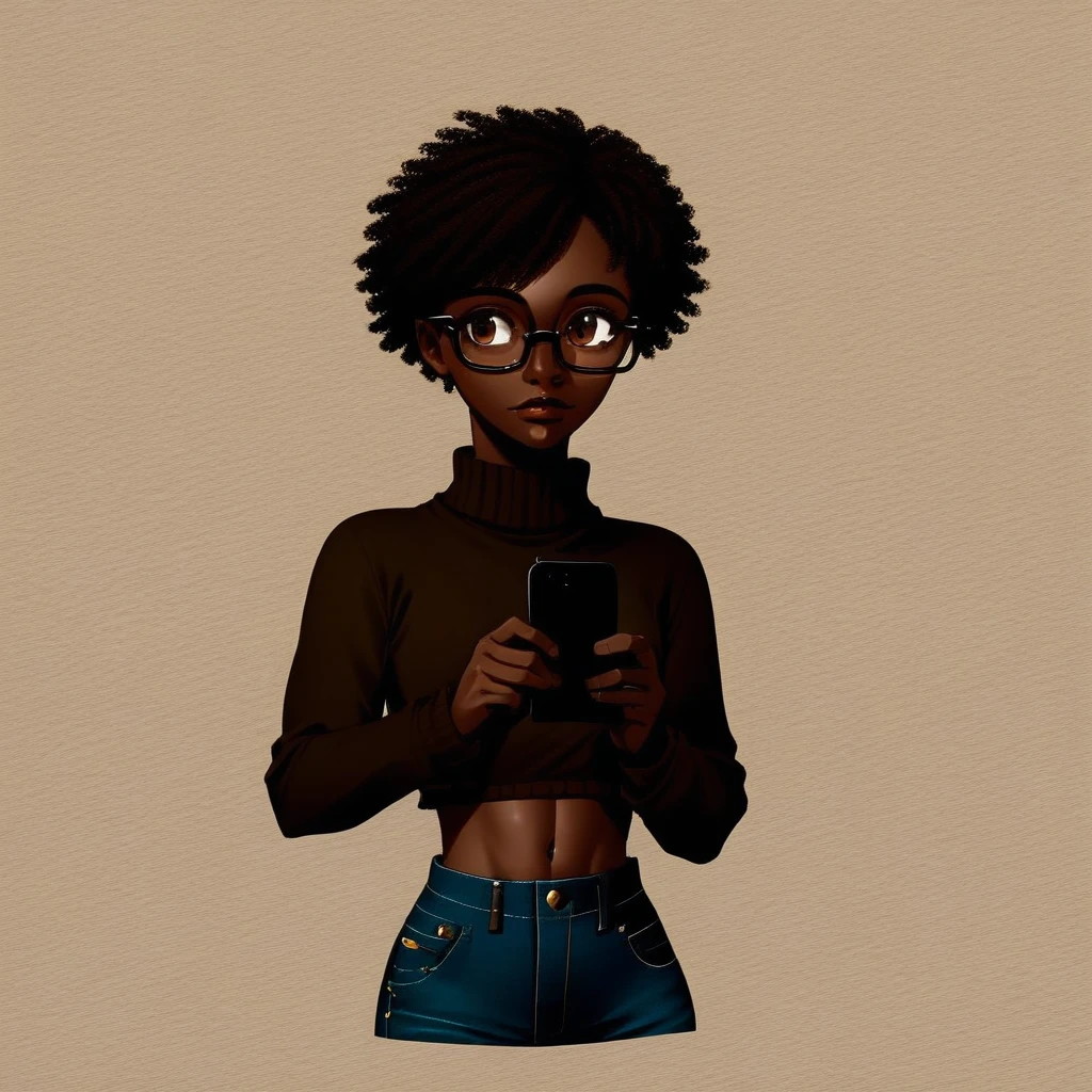 cropped hoodie, very dark skin, Le Carmallon, solo, glasses, brown eyes, sweater, jeans, dark-skinned male, holding phone, dark-skinned female