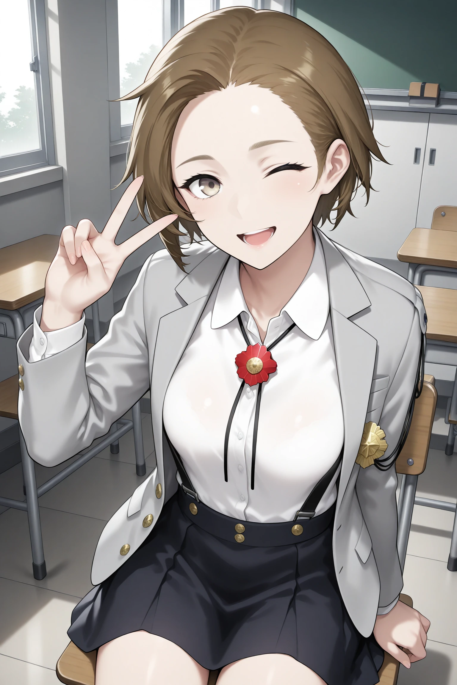 masterpiece, best quality, amazing quality, highres, absurdres, very aesthetic, high resolution, ultra detailed, perfect details, 1girl, indoors, medium breasts, caligula female protagonist, short hair, brown hair, brown eyes, school uniform, long sleeves, grey jacket, open jacket, white shirt, medal, suspenders, black skirt, pleated skirt, miniskirt, purple socks, loafers, <lora:Caligula_Female_Protagonist:0.8>, (cowboy shot:0.8), smile,