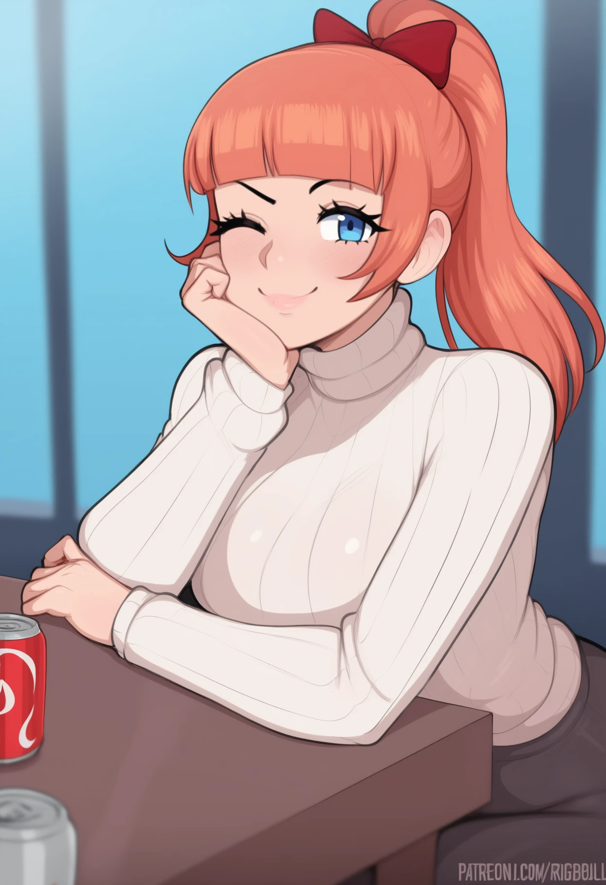 (afrobull:0.6), masterpiece, best quality, <break> upper body, solo, 1girl, rcgkyoko, smile, looking at viewer, head rest, ponytail, hair bow, red bow, one eye closed, white sweater, ribbed sweater, turtleneck, long sleeves, indoors, table, soda can
<segment:yolo-Anzhc Face seg 640 v2 y8n.pt,0.4,0.5//cid=1>