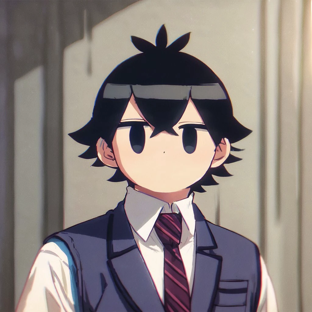 (masterpiece), score_9, score_8_up, score_7_up, score_6_up, score_5_up, score_4_up, 1boy, solo, Kometani, black hair , black eyes, striped necktie, school uniform, jitome, looking at viewer