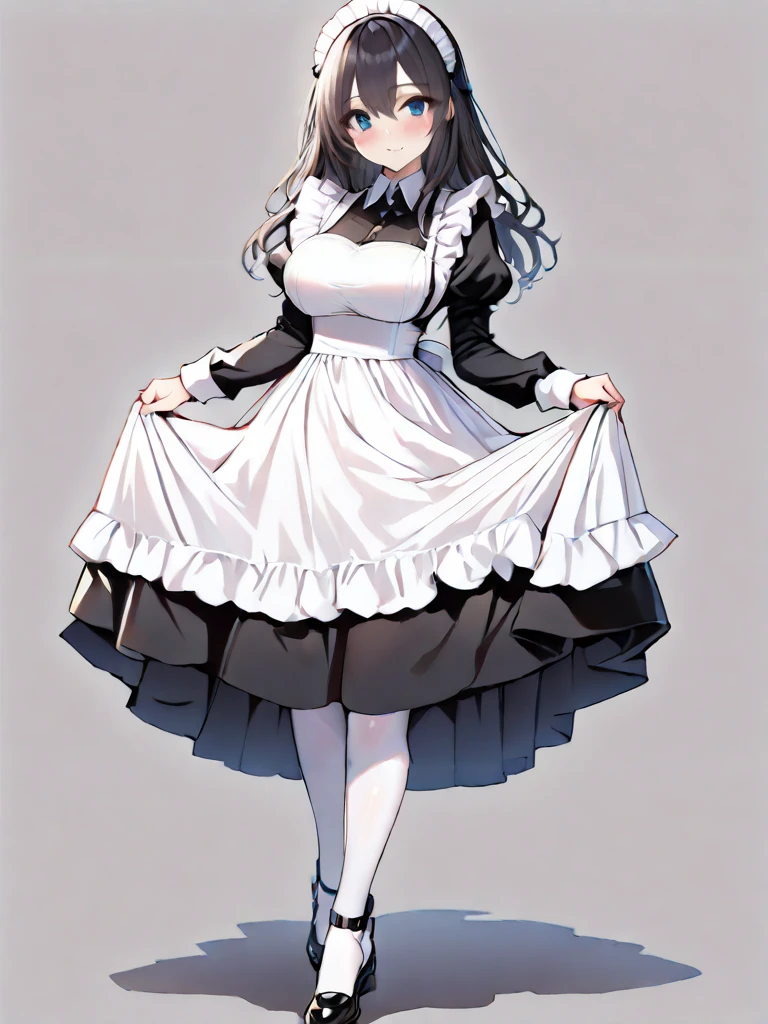 (masterpiece,ultra-detailed,best quality,8K,CG:1),illustration,(cute face,clean skin ,shiny hair,ultra-detailed-eyes:1),1girl,large breasts,simple background , <lora:maid classic_illustrious_V1.0:1> maid, maid apron, maid headdress, puffy sleeves, pantyhose,skirt lift,bow