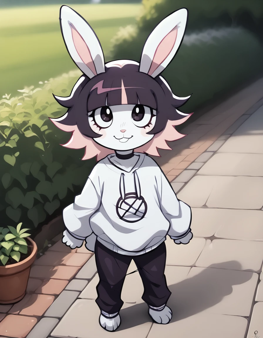 outdoors,detailed background,
bubny,1girl,solo,rabbit girl,bangs,black hair,short hair,rabbit ears,multicolored hair,blunt bangs,furry female,black eyes,pink hair,purple hair,choker,rabbit girl,two-tone hair,rabbit tail,animal nose,
full body,smile,long eyelashes,
<lora:Bubny_v01_PDXL:1>,