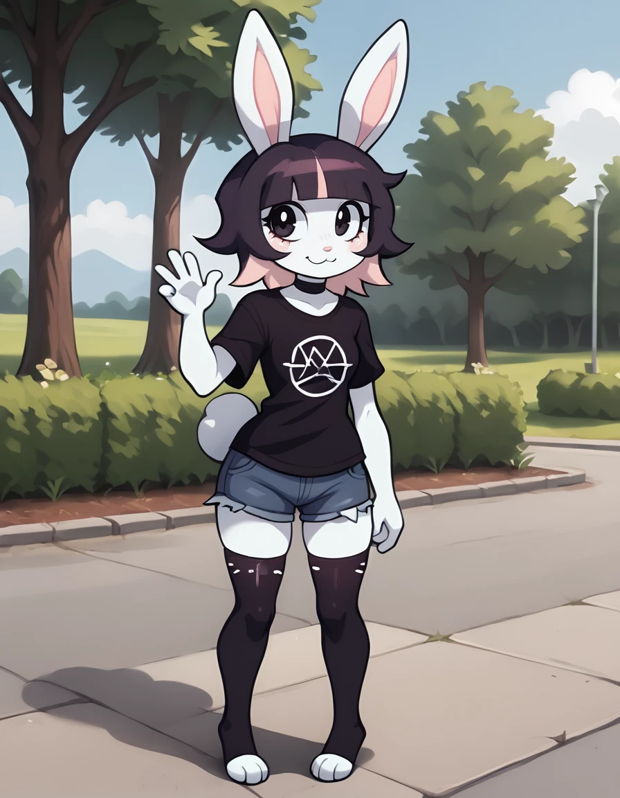 outdoors,detailed background,
Bubny,1girl,solo,rabbit girl,bangs,black hair,short hair,rabbit ears,multicolored hair,blunt bangs,furry female,black eyes,pink hair,purple hair,choker,rabbit girl,two-tone hair,rabbit tail,animal nose,
full body,smile,long eyelashes,
denim shorts, thighhighs, black t-shirt, 
<lora:Bubny_v01_PDXL:1>,