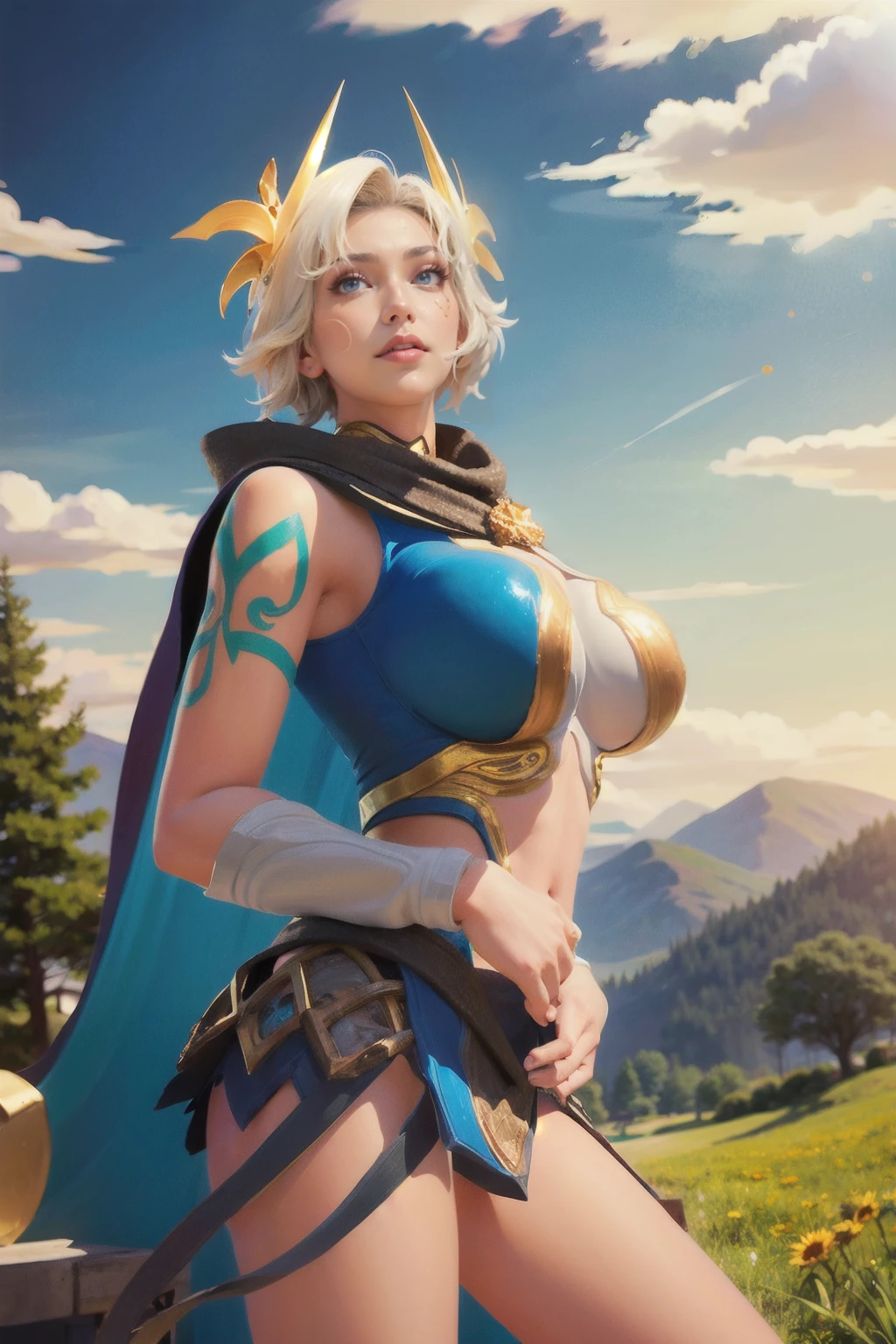 <lora:Taara_Utopian_AoV_Model_LoRA:0.8>, Taara_Utopian, 1girl, solo, short hair, blonde hair, white hair, hair ornament, flower, hair flower, looking at viewer, blue eyes, eyelashes, mole, mole under eye, lips, parted lips, shoulder armor, pauldrons, breasts, large breasts, armor, cape, blue cape, navel, tattoo, legs, boots, sandals, toes, toeless footwear
,lawn, meadow, sky, sunlight, clouds, grass, mountains, from side, best quality, ultra high res, (photorealistic:1.4), masterpiece, real life skin, hyper real