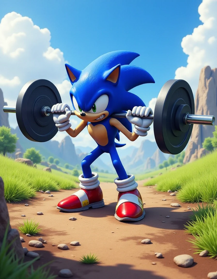 <lora:squ4t-step00000750:0.9> squ4t,  sonic the hedgehog squatting with a barbell in a landscape, muscular build, screaming,