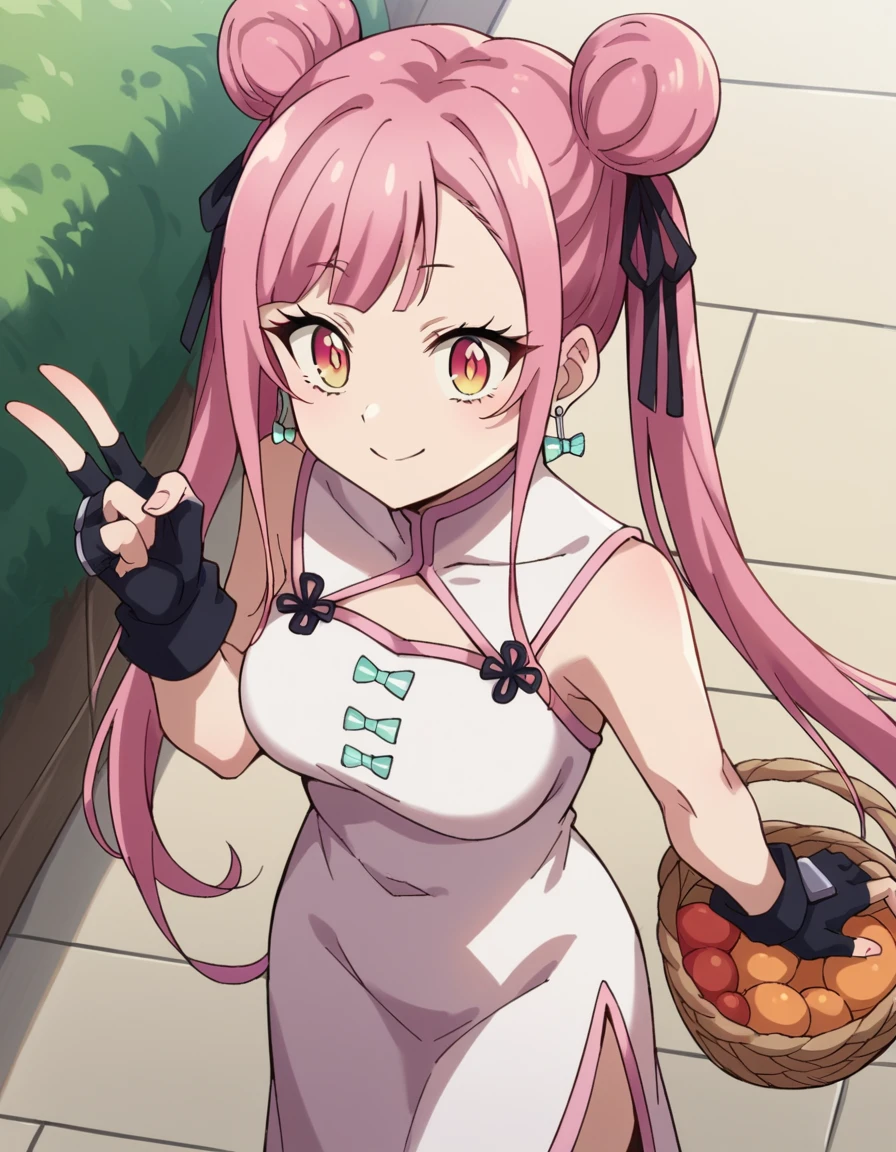 score_9, score_8_up, score_7_up, source_anime, <lora:tao-yuifa-s1-ponyxl-lora-nochekaiser:1>, tao yuifa, long hair, bangs, twintails, hair ribbon, pink hair, pink eyes, hair bun, double bun, medium breasts,, gloves, dress, bare shoulders, jewelry, earrings, black gloves, fingerless gloves, chinese clothes, china dress,, farmers market, fresh produce, local vendors, baskets, sunny day, community, smile, from above,, looking at viewer, solo,, dutch angle, cowboy shot