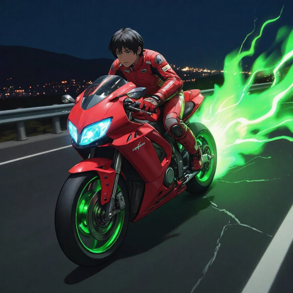 A dynamic anime-style illustration features a young man in a red racing suit, riding a futuristic, red motorcycle with glowing blue headlights. The motorcycle, emits green, crackling energy from its side. The scene is set on a dark, deserted highway at night, with city lights in the background. The rider, with short black hair, leans forward, exuding determination and speed. The road is cracked, indicating high speed, and the atmosphere is intense and action-packed.