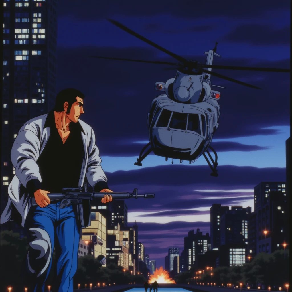 <lora:Golgo13 v1:0.7>
Golgo13 a man with a rifle running from a military helicopter in the background at dusk time in city streets dark night, perfect image, perfect body, perfect anatomy, sharp image, detailed image, cinematic style, high quality image, Duke Togo style, solo, shirt, black hair, holding, jacket, weapon, pants, holding weapon, gun, black shirt, night, white jacket, holding gun, rifle, running, retro artstyle, explosion, energy gun, long sleeves, scar, blue pants, city, aircraft, assault rifle, 1980s (style), spacecraft, city lights, helicopter