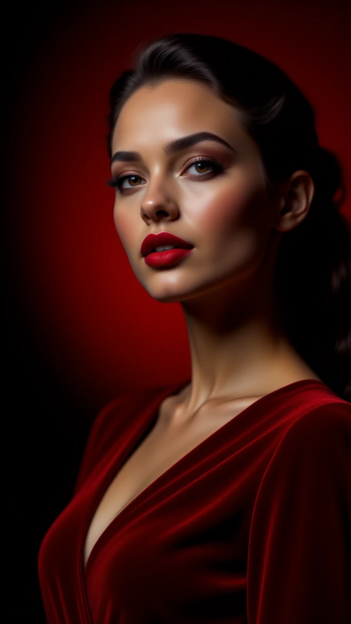 Close-up of a model in a deep red velvet dress, with matching red lipstick and a sultry gaze. Her hair is slicked back, and the background is a dramatic gradient from deep red to black, emphasizing the luxurious and bold feel,<lora:BetterPortraits:1>