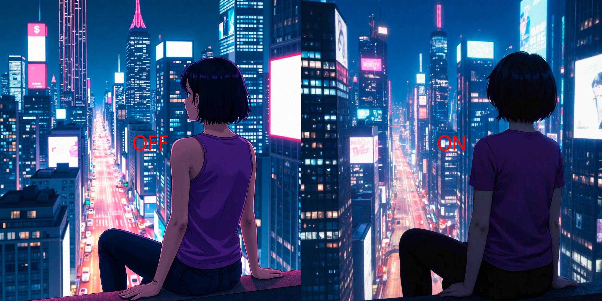 Anime-style digital drawing of a short-haired, dark-haired woman in a purple top, sitting on a ledge, gazing at a neon-lit futuristic cityscape with tall skyscrapers and glowing billboards.