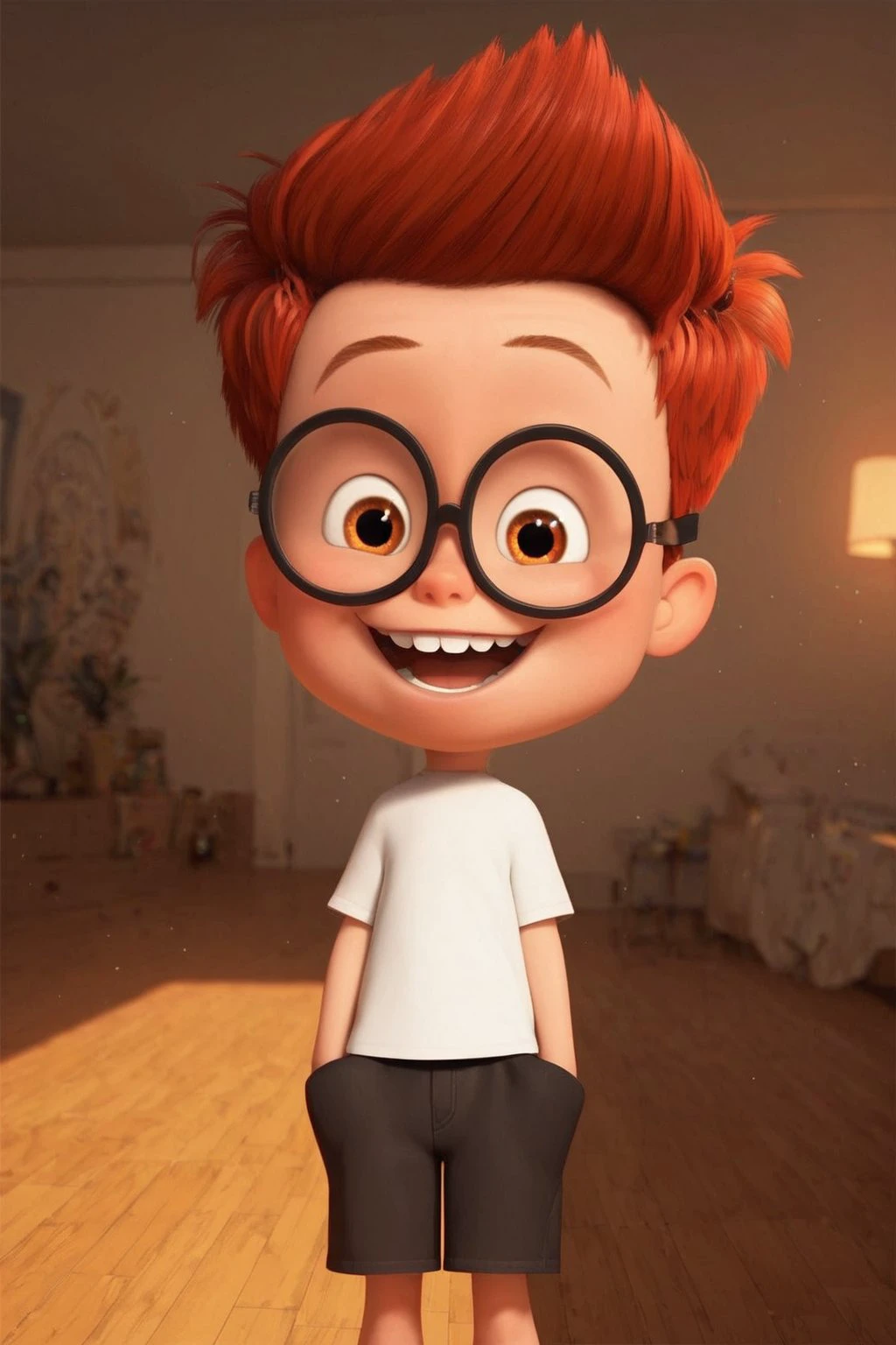 score_9_up, score_8_up, score_7_up, cartoon, 1boy, young, solo, male focus, Sherman, brown eyes, red hair, short hair, glasses, white t-shirt, black shorts, widely smile, open mouth, teeth, standing in room, waves his hand in greeting, Expressive, in room, indoors, <lora:add-detail-xl:0.8>, <lora:Expressive_H:0.8>, <lora:Sherman__Mr._Peabody__Sherman:1>