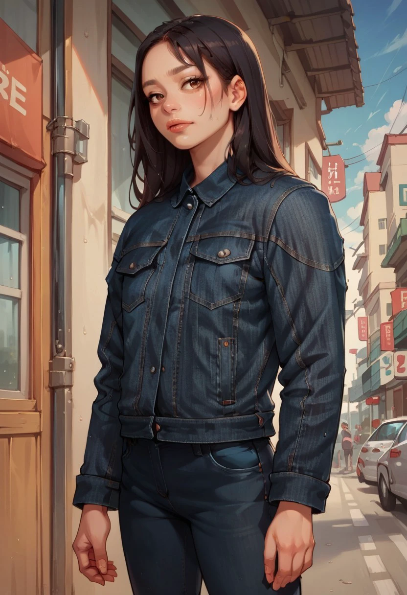 score_9, score_8_up, score_7_up, score_6_up, 1girl, asian, long black hair, brown eyes, dnm jacket, leather pants, on the street, blue sky, portrait