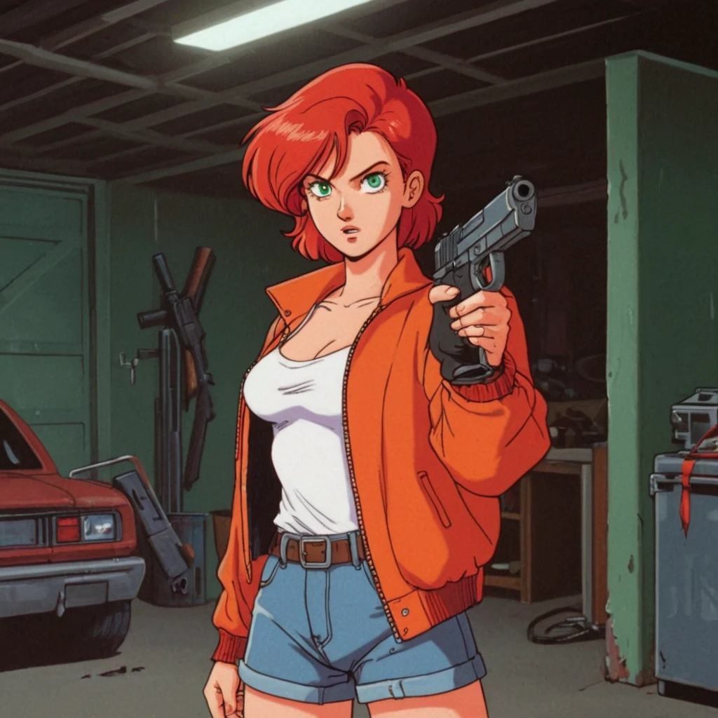 <lora:Riding Bean cartoon style v1:0.7>
Carrie In 1990's A cartoon of a young pink red hair woman pointing a small gun while standing in a garage room outdoors, sharp image, detailed image, original video animation style, manga cartoon style, 1990's style, cinematic style, perfect cartoon style, 1girl, solo, breasts, looking at viewer, short hair, shirt, holding, green eyes, jacket, upper body, weapon, red hair, holding weapon, gun, torn clothes, holding gun, handgun, retro artstyle, 1990s (style), orange jacket, 1980s (style), green eyes, serious look on face