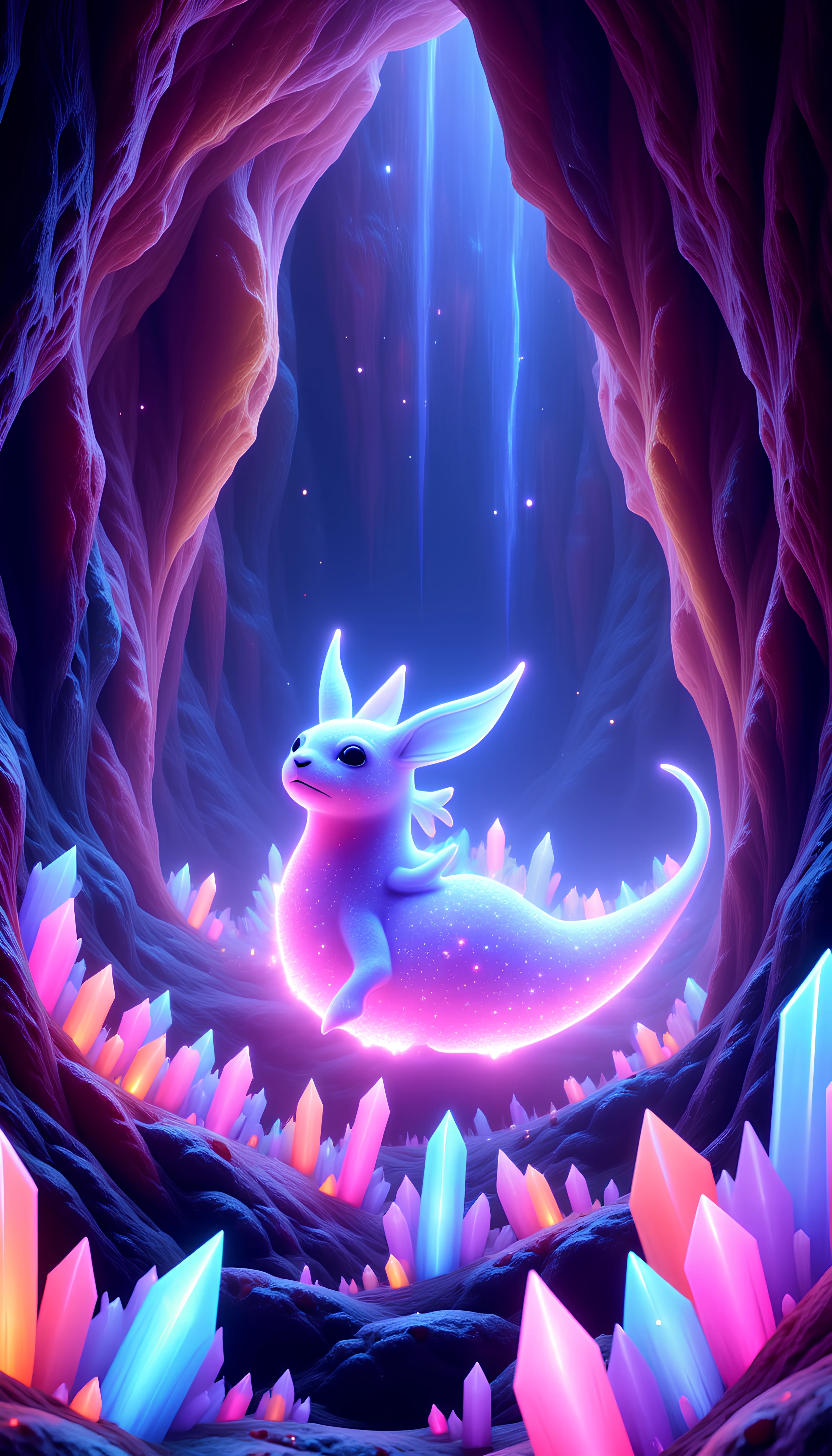 A mystical creature in the PsyDreamer style floats serenely in a vast, ethereal cave, surrounded by glowing crystals of every color. The creature itself seems otherworldly, with a surreal, fluid form that shifts and shimmers in vibrant neon hues like electric blue, vivid purple, and soft pink. The crystals emit a soft, pulsating light that casts hypnotic patterns across the cave walls, creating a dreamlike, kaleidoscopic atmosphere. Tiny particles of light drift through the air, and gentle beams of colored light filter down from unseen openings above, adding a sense of magic and mystery. The entire scene is enveloped in harmonious pastel and neon tones, merging and flowing together in a trippy, PsyDreamer-inspired ambiance that captivates the viewer.