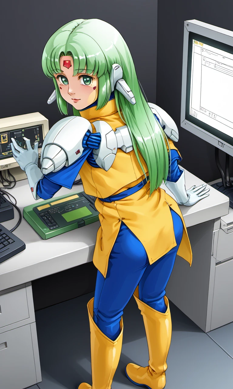 wall monitors, dark room, bent over, typing, from behind, robot joints, furena, 1girl, gynoid, green eyes, green hair, long hair, robot ears, forehead crystal, yellow tunic, white shoulder pads, blue sleeves, white gloves, yellow cape, blue pants, yellow thigh boots, 