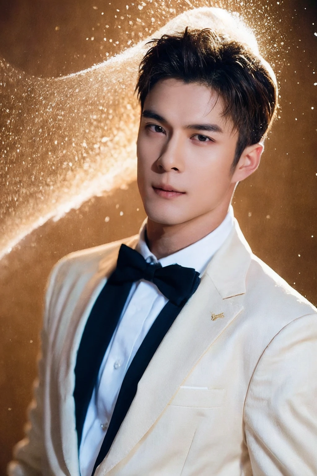 1boy, male focus, solo, detailed face, photo style, bust, groom in suit, light brown hair, surrounded by black and white and gold powder softly floating, swirling, circling around his body, as the man's clothes turn to swirling powder. The image is a photograph, very detailed, with the delicate colors blending harmoniously with masterpiece quality stunning,
<lora:20241108-1731037521130:0.8>