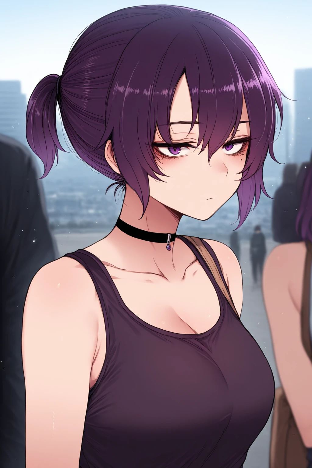 masterpiece, best quality, good quality, city, depth of field, blurry background,photo background, <lora:kgirl-illustXL-civit-000002:1> kgirlra, purple eyes, short ponytail, purple hair, black choker, mole under eye,tank top, solo focus, light particles, light rays, shoulder bag, expressionless,
