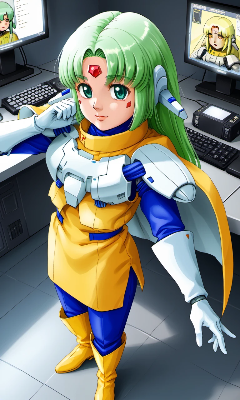 wall monitors, dim lighting, uses a touch screen, from above, robot joints, furena, 1girl, gynoid, green eyes, green hair, long hair, robot ears, forehead crystal, yellow tunic, white shoulder pads, blue sleeves, white gloves, yellow cape, blue pants, yellow thigh boots, 