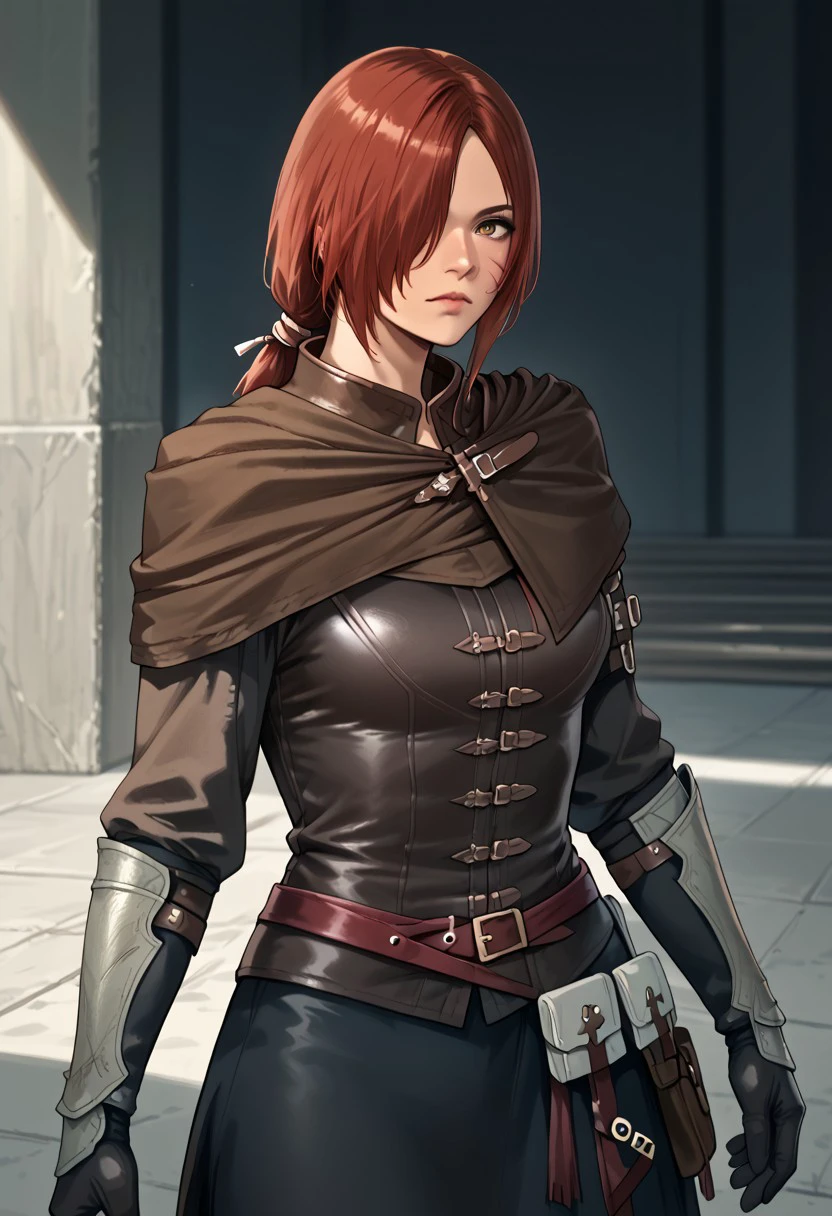 score_9, score_8_up, score_7_up, source_realistic, BREAK 1girl, solo, tarjaffxvi, red hair, facial scar, short hair, hair over one eye, low ponytail, capelet, leather shirt, leather armor, elbow gloves, belts, pouches, skirt,