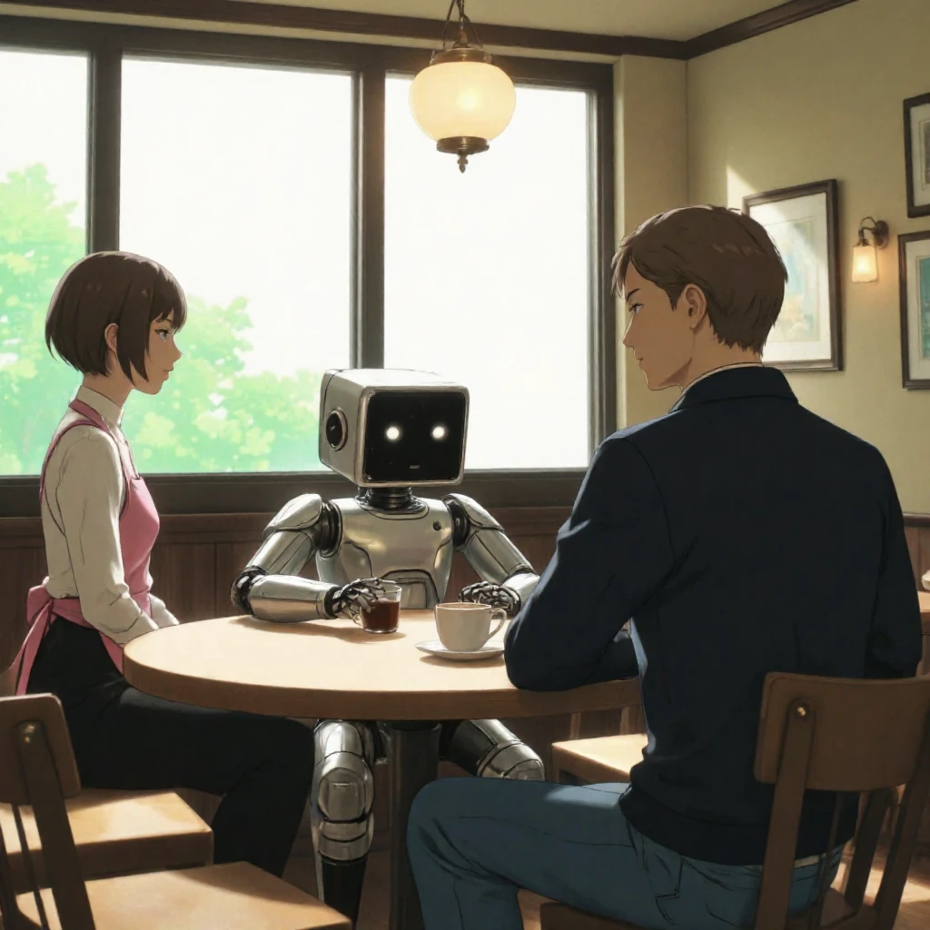 This image is a still from an anime, depicting a cozy café scene. The café features a retro style with wooden furniture and warm lighting. In the foreground, a young man with short brown hair and a navy blue jacket sits at a round wooden table, facing a humanoid robot with a simplistic, metallic design and a boxy head. The robot is holding a cup of coffee, suggesting a casual interaction. To the left, a young woman with short, straight brown hair and a pink apron over a white blouse stands near the table, seemingly engaged in conversation with the robot. The background shows a wall with framed art and a large window with a greenish view, adding a touch of nature to the interior. The overall atmosphere is calm and slightly humorous, emphasizing the robot's integration into everyday life.