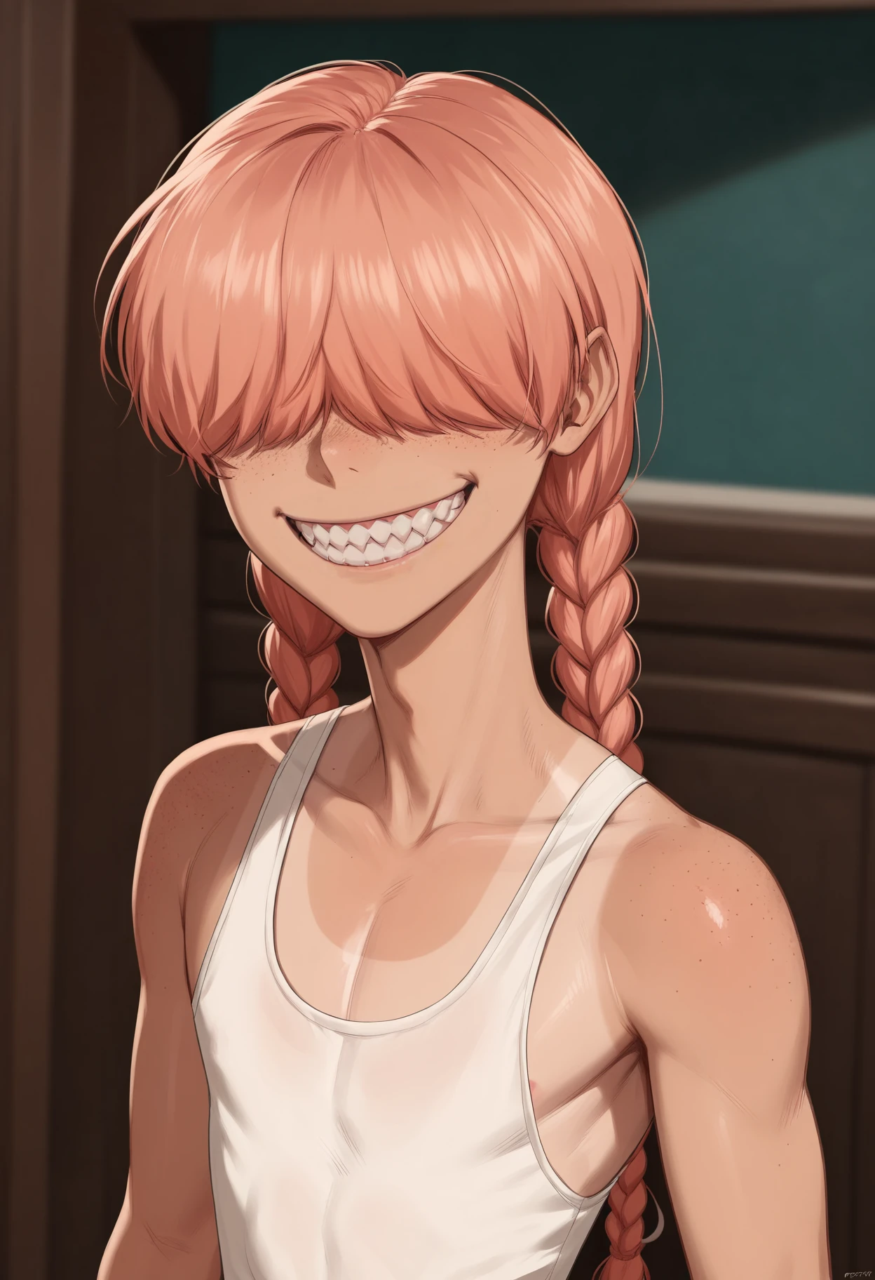 score_9, score_8_up, score_7_up, best quality, masterpiece,   <lora:Ellie:.8> ellie, , freckles, tan, pink hair, (hair covers eyes:1.3), braids, pigtails, tanlines, femboy, long bangs, shot above waist, cheeky grin, teeth, sharp teeth,, score_9, score_8_up, score_7_up, intricate details, rating_safe, fantasy setting,
depth of field, detailed background,
<lora:ral-chrosc-clr:0.5>, ral-chrosc-clr,
<lora:Expressive_H:0.5>, expessiveH,
<lora:xl_more_art-full_v1:0.3>,
<lora:add-detail-xl:0.3>