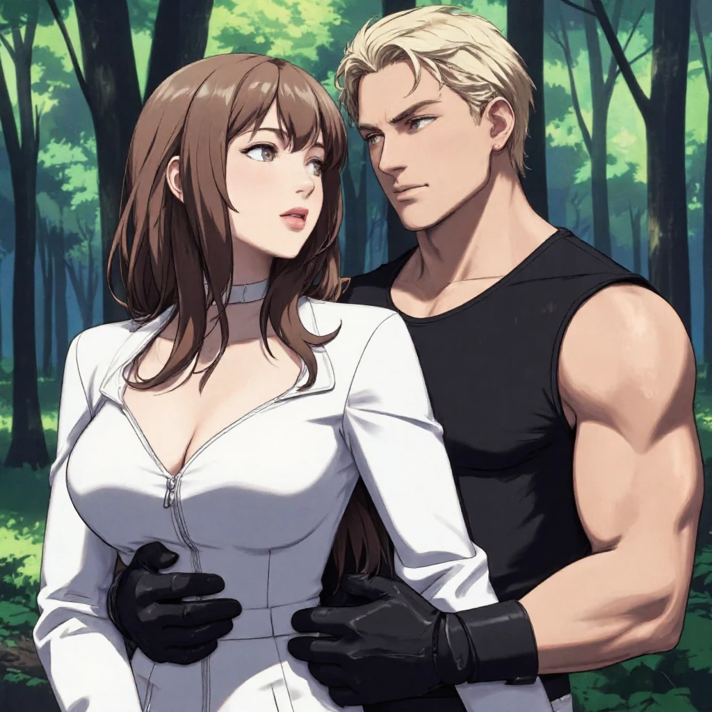 Anime-style digital drawing of a busty woman with long brown hair and a white jacket, looking shocked as a muscular man with blonde hair and a black outfit pins her down in a forest.