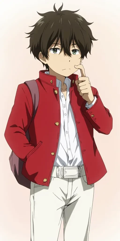 oreki, hotaro wearing a red jacket and white jeans