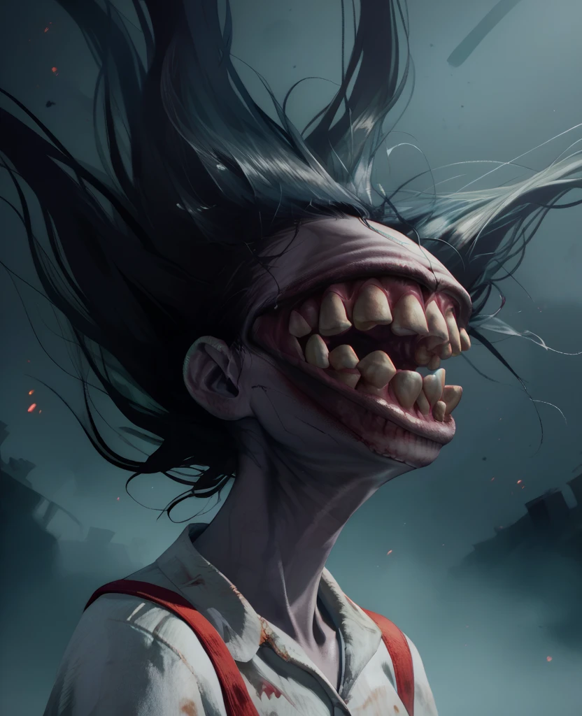 score_9,score_8_up,score_7_up,score_6_up,
lmnttnxl,big mouth,white shirt,teeth,very long black hair,floating hair,red suspender overall skirt,smile,
upper body,
horror \(theme\),close up,
night,fog,solo,
<lora:Lamentationxl:1>,