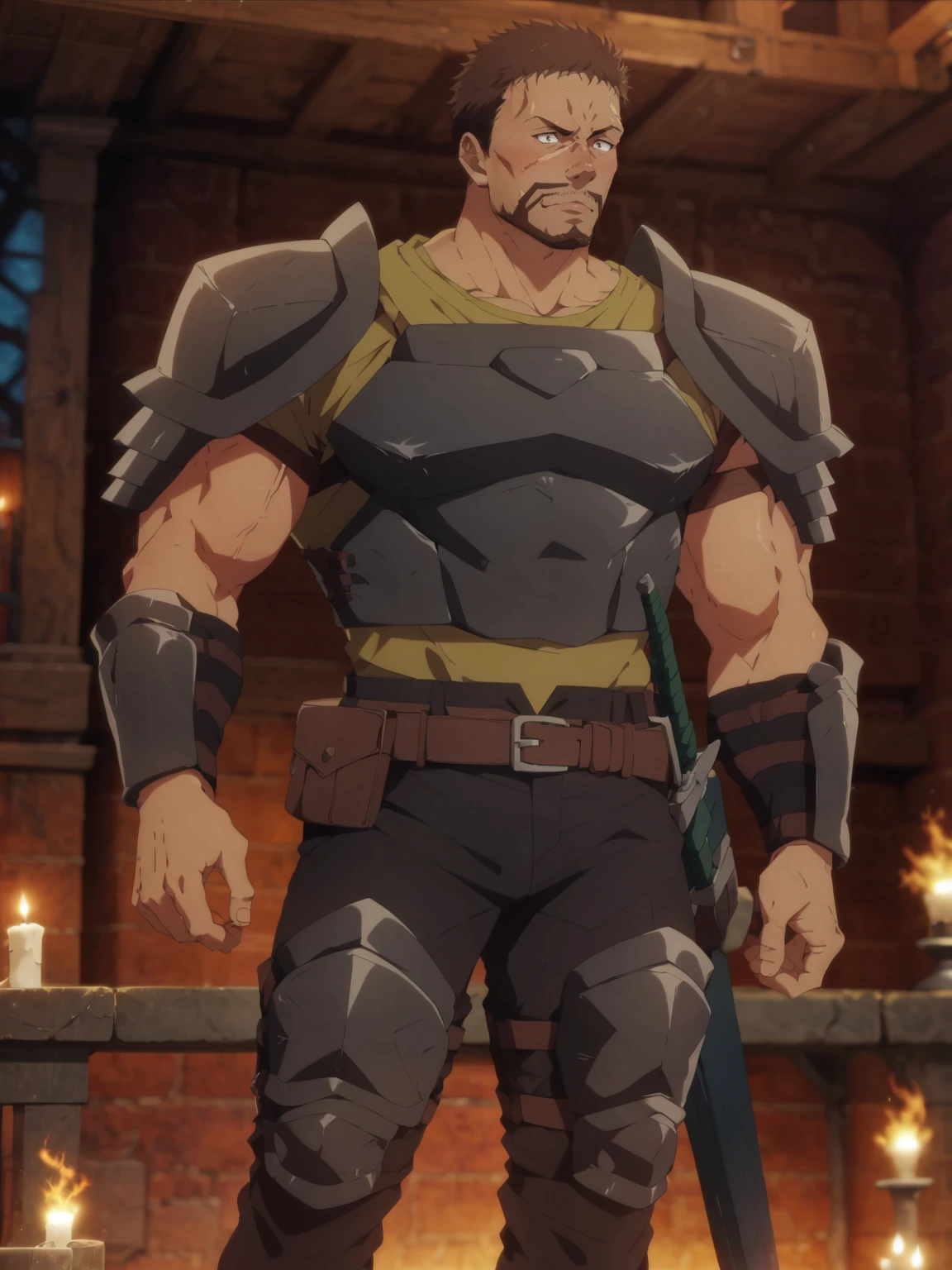 score_9,score_7_up,score_6_up,score_5_up,score_4_up, content_explicit, 1boy, solo, bara, muscular male, beard, standing, straight-on, armor, cloak, cape, perfect anatomy, perfect proportions, best quality, masterpiece, high_resolution, high quality, best aesthetic, incredibly absurdres, highres, extremely detailed, huge filesize, source_anime \(Let This Grieving Soul Retire!\), sharp shadows, direct lighting, vibrant colors, glow effect, bloom, edge color fringing, chromatic aberration, <lora:add-detail-xl:1>, <lora:Anime Summer Days 2 Style SDXL_LoRA_Pony Diffusion V6 XL:0.8>, <lora:Greg_Zangief_-_Let_This_Grieving_Soul_Retire:1>, Greg Zangief