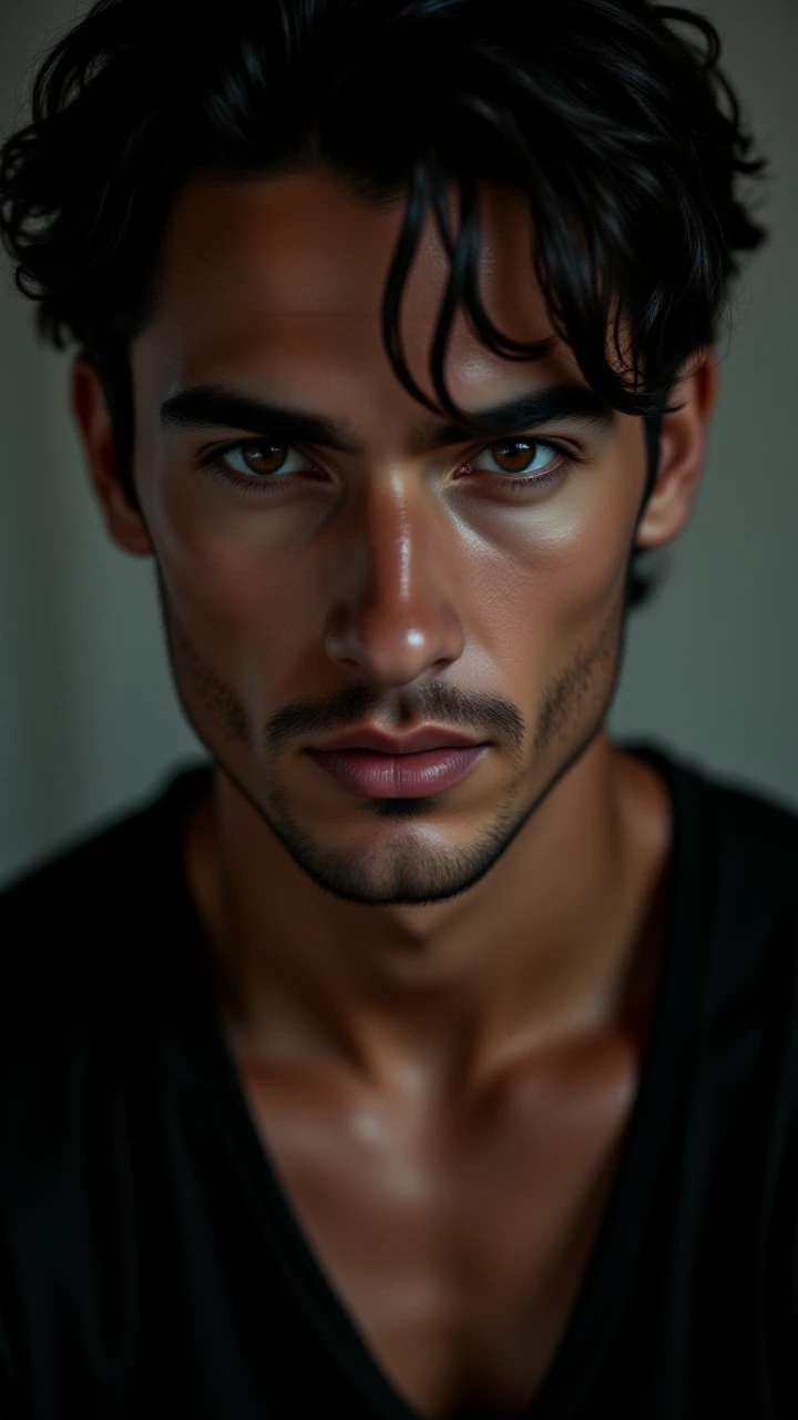 A striking close-up shot of a male model with chiseled features and intense eyes, captured under soft, high-contrast studio lighting. The modelâs skin shows subtle details and imperfections for a raw, natural look. His gaze is powerful and direct, with a light shadow on his jawline, highlighting his masculine structure. Background is blurred to keep full focus on his face, creating a dramatic portrait that emphasizes strength and character,<lora:BetterPortraits:1>