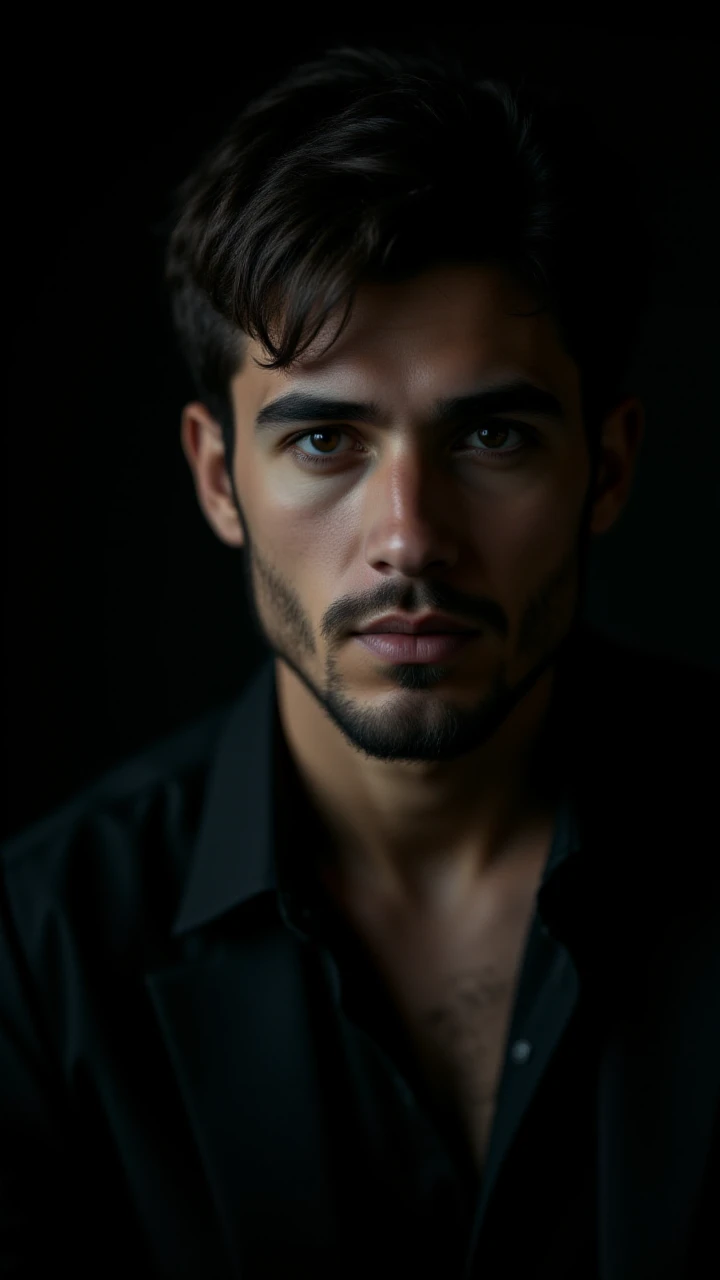 A moody, cinematic close-up of a male model with dark, brooding eyes and a stubble-lined jaw. Side lighting casts deep shadows across half his face, adding intensity and mystery to his expression. The background is dark, and the focus is on his piercing gaze and rugged features. His hair is slightly tousled, giving a natural and effortlessly stylish appearance,<lora:BetterPortraits:1>