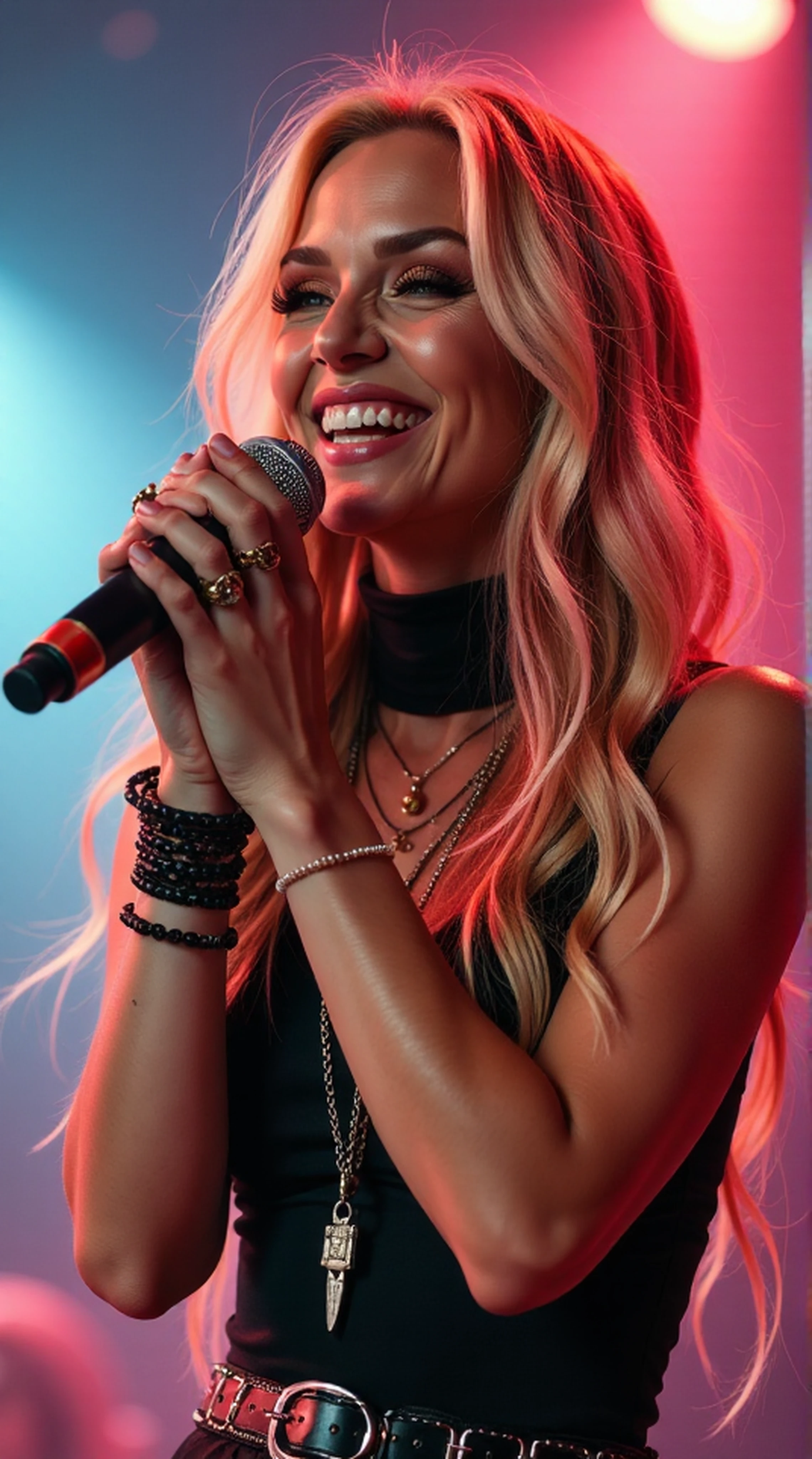 woman, long blonde wavy hair, smiling, solo, smiling, eye level shot, ((looking directly at viewer)), eye contact, centered, holds microphone with both hands singing passionately, (((stylish high collar sleeveless outfit))), ((multiple long dreds dyed in matching colors)), hair being blown by unseen giant fans, pyrotechnic effects in the background, (((heavy eye makeup, tattoos, piercings, necklaces, bracelets, rings))), multi-color lights shine through smoke-filled air providing a scene that appears almost magical