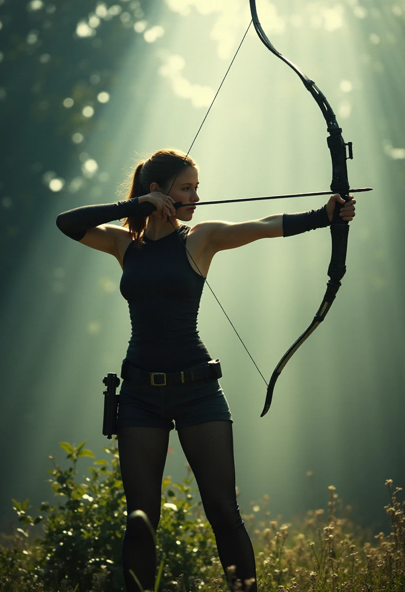 Photorealism, Cinematic style, high fidelity, realism, chiaroscuro, play of shadow and light, rays of light, tilt-shift photo. A woman practicing archery, holding a compound bow. She stands in a confident, almost predatory stance. urban comics, marvel, sci-fi, high tech, iconographic, glitchy background, watercolor, ink, fog, interactive, high detail, <lora:OPT_-_Chyler_Leigh_2000s_Flux:1> opt-chylerleigh2000s