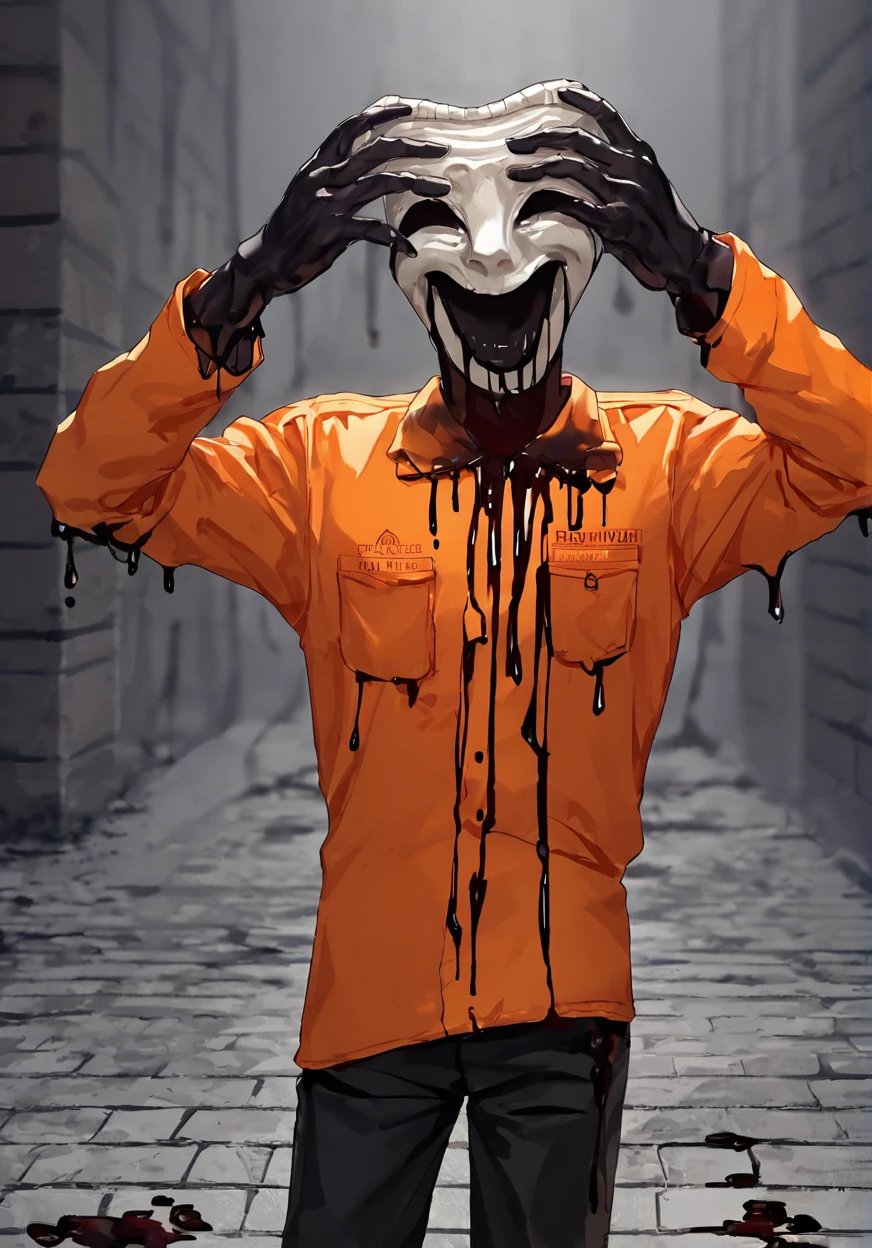 <lora:scp035-10:1> , best quality, source_anime,  score_9, score_8_up, score_7_up, male focus, scp035, cowboy shot, dark background, black gore, vomiting black blood, orange prison jumpsuit, , black pants, clothed, black slime, blood, covered in black slime, detailed prison cell background,, black hands, reaching from blood puddle, holding face, hands around head, pool of black liquid, horror, masterpiece, cobblestone background, padded walls