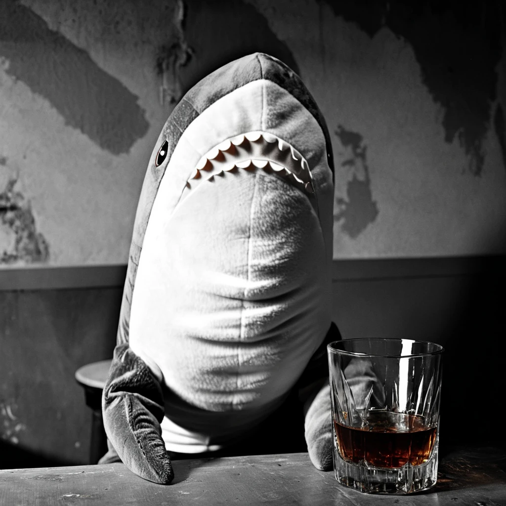 blahaj plush shark, film noir movie detective, closeup photograph, glass of whiskey, film grain, black & white, dilapidated wall