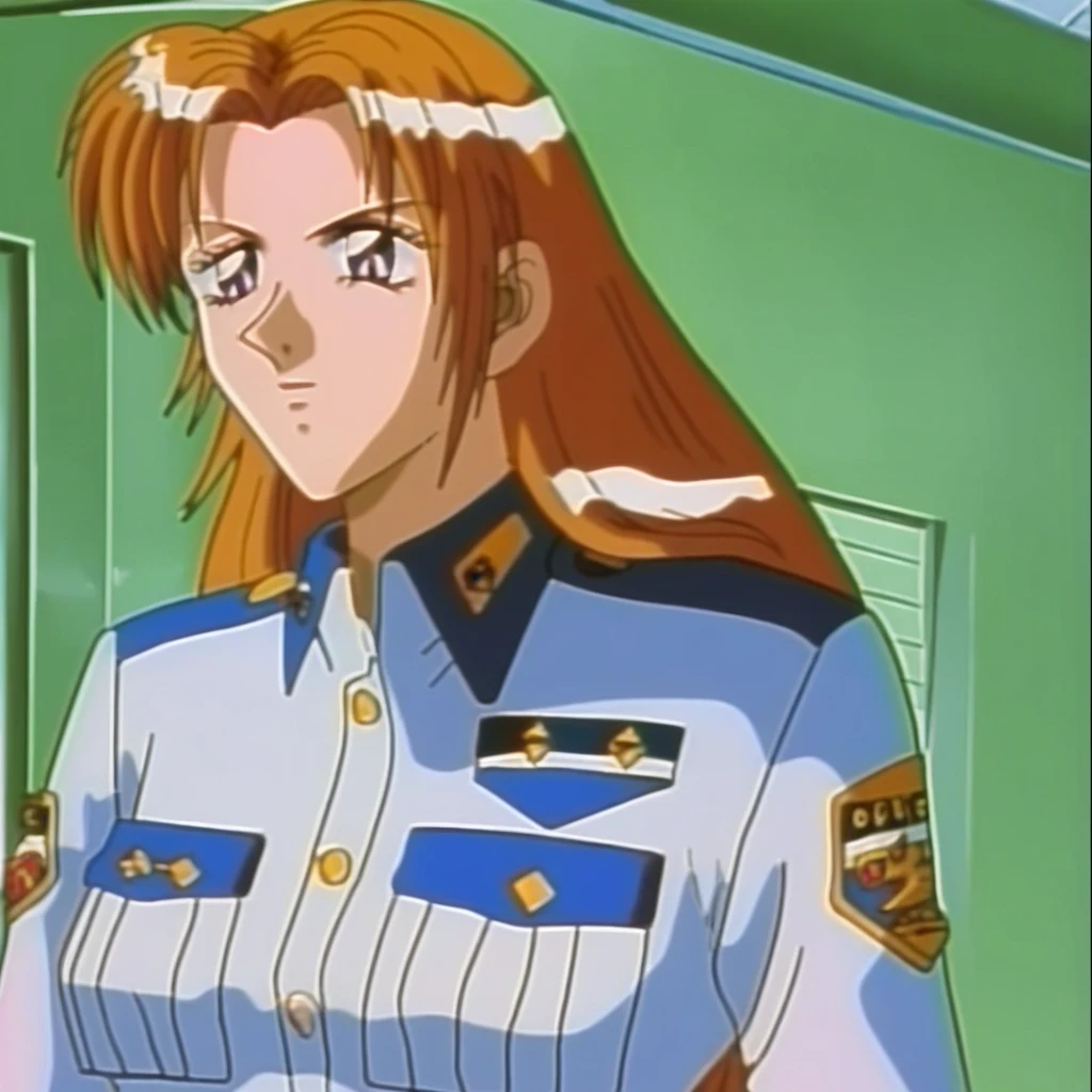 Kayoko Kuraishi, solo, officer uniform, woman, anime, long hair, light brown hair, retro, full body, purple eyes