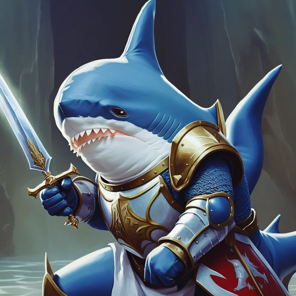 knight-commander blahaj shark, shining armor, promotional painting