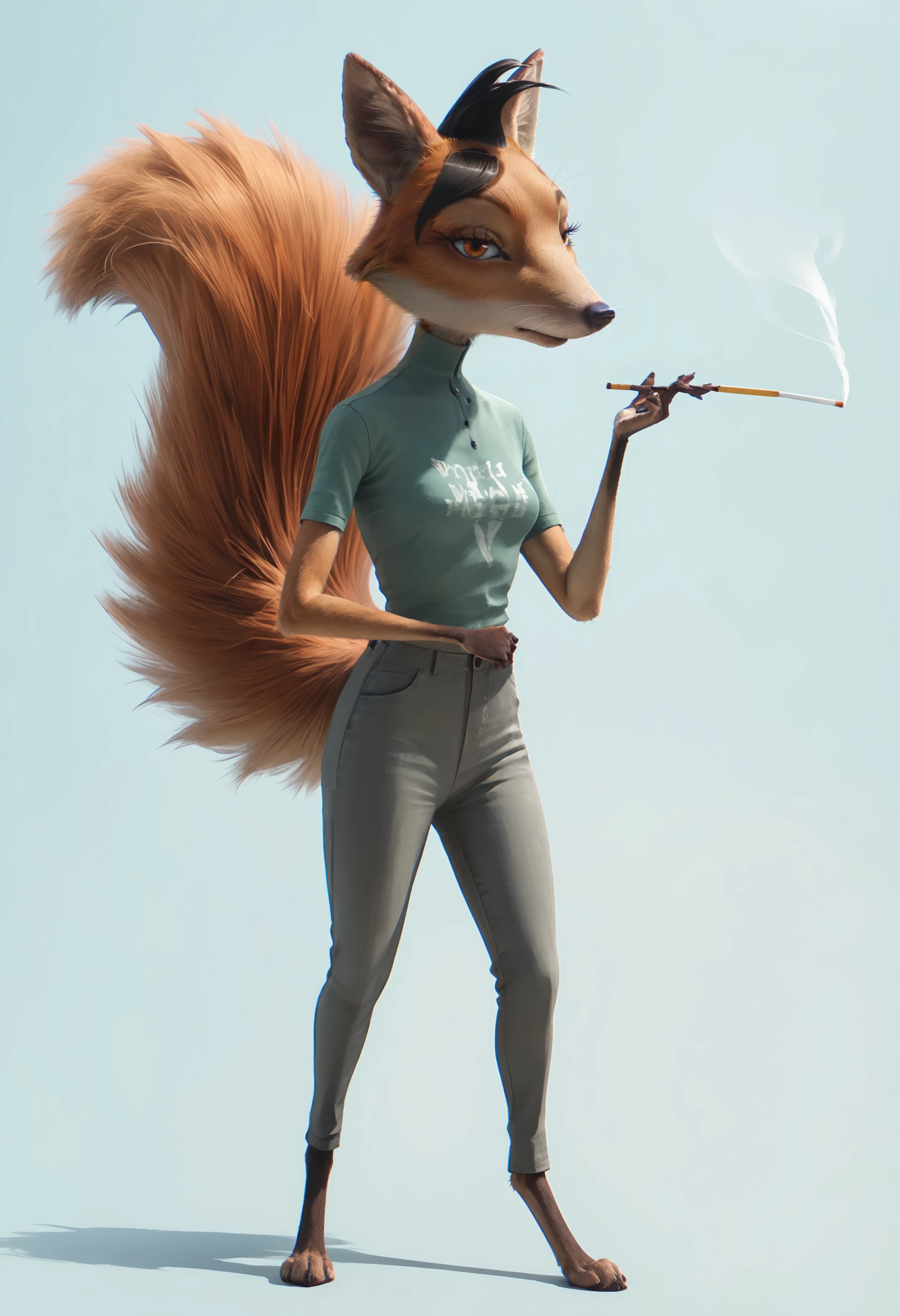 score_9, score_8_up, score_7_up, score_6_up, score_5_up, score_4_up, 1girl, <lora:AngeliqueRango:0.8> solo,  fox, furry, furry female, black hair, orange eyes, animal ears, snout, eyelashes, whiskers, tail, shirt, pants, full body, standing, looking at viewer,  holding, holding cigarette, 
( light blue background:1.2), simple background,