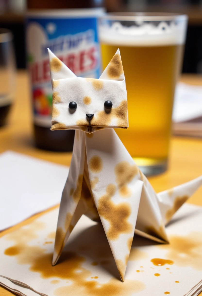 <lora:Napkin_Origami_Orchestrator_FLUX:0.8>
This is a photograph featuring an origami cat made from a paper napkin. The cat is intricately folded with a white base color, splattered with beer stains, giving it a unique, artistic appearance.